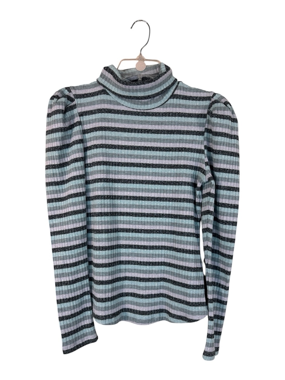 Maeve Anthropologie Blue Striped Puff Shoulder Turtleneck Sweater Womens M Top